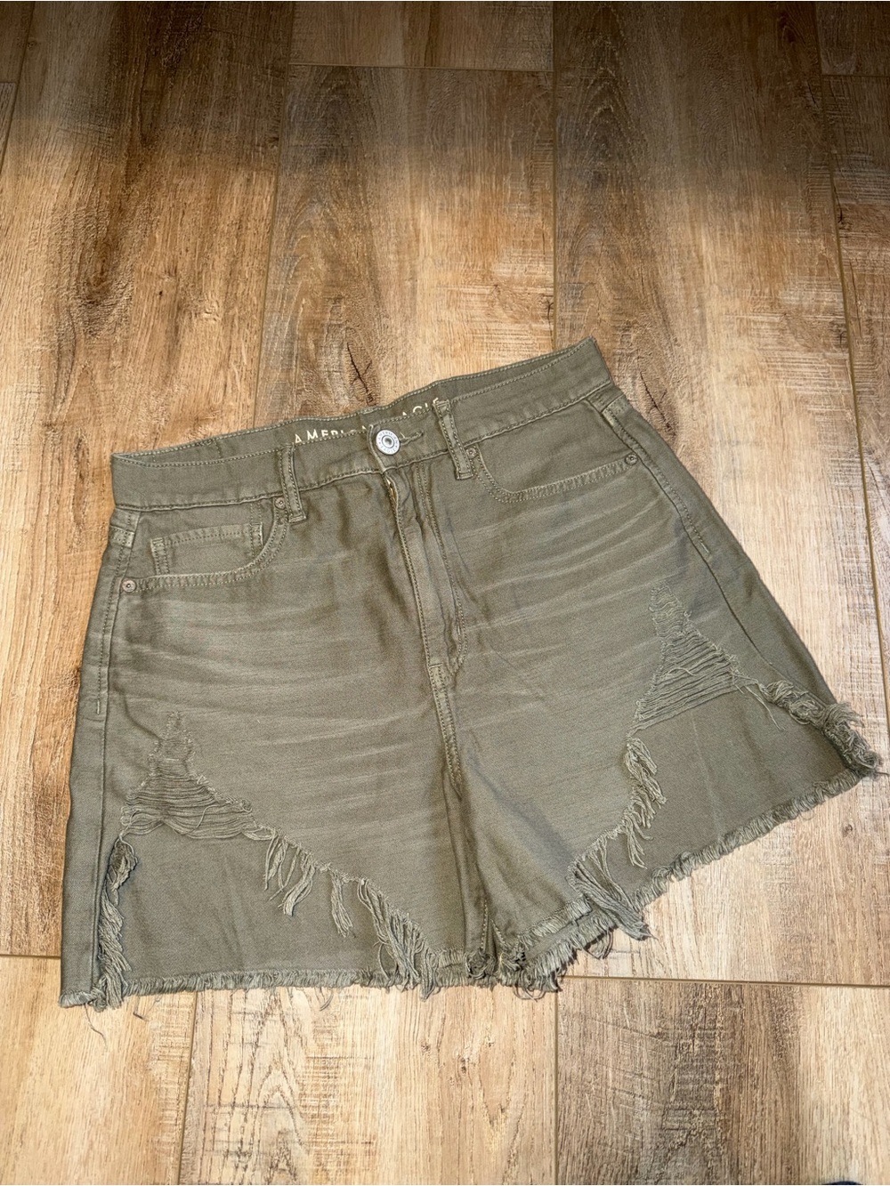 American Eagle Outfitters Olive Distressed High-Rise Denim Shorts size 6